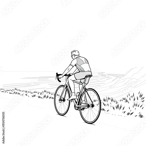 An older man cycling along a coastal road, road bike, Lycra kit, challenging terrain, fitness lifestyle