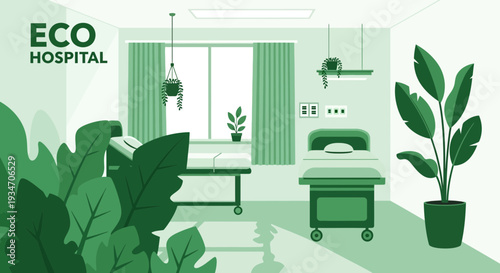 Eco-Friendly Hospital Room Interior Design Depicting Healing, Nature, and Tranquility Scene