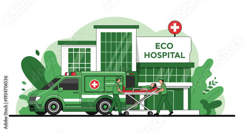 Eco-Friendly Hospital Scene Featuring Ambulance and Healthcare Professionals Delivering Patient Care