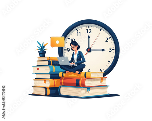 Time Management Online Learning Concept - Woman Student Working on Laptop Sitting on Stack of Books with Big Clock, Education Productivity Deadline Flat Vector Illustration