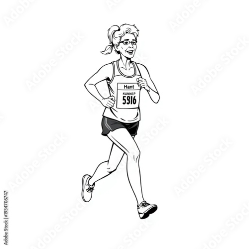 A silver-haired woman running a half marathon, race number on, strong stride, active senior sports
