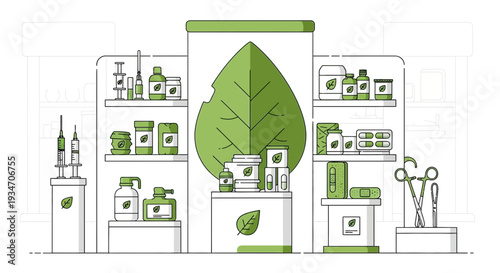 Eco-Friendly Pharmacy Displaying Organic Remedies and Surgical Tools in Clean Minimalist Style