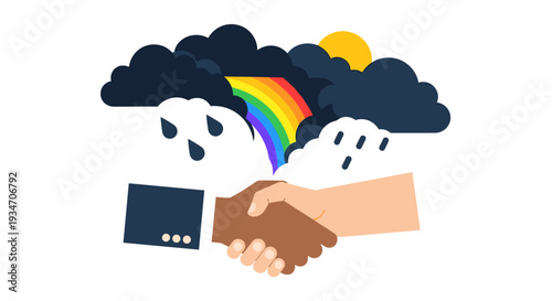 Flat vector illustration of diverse handshake under rainbow after storm, symbol of unity and reconciliation, International Day of Peace concept, minimal design