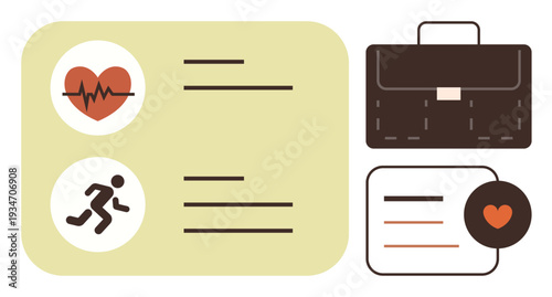 Personal development, health tracking, fitness goals, organization, professional lifestyle, wellness management. Heartbeat and running icons, briefcase illustration. Health tracking and fitness goals