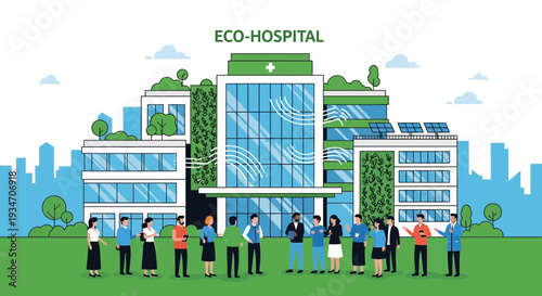 Eco-Hospital Illustration Showcasing Green Building Design and Sustainable Healthcare Concepts