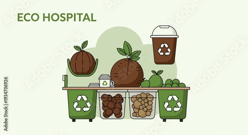 Eco-Hospital Illustration: Sustainable Clinic Depicting Green Energy And Recycling Concepts