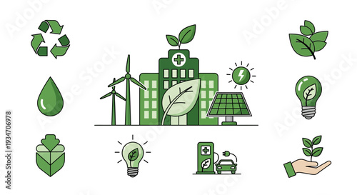 Ecological Sustainable Iconography Depicting Eco-Friendly Green Energy and Solutions