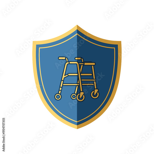 Elderly Care Shield Symbol Featuring Walker And Chair, Representing Senior Wellbeing And Assistance