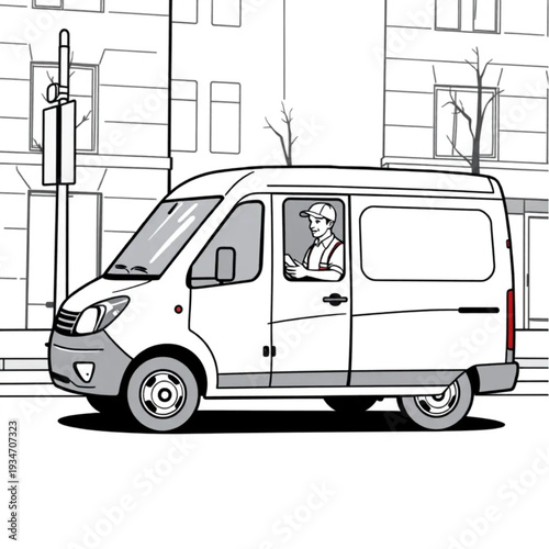 An electric delivery van on a city street, driver in uniform making a normal delivery, green logistics