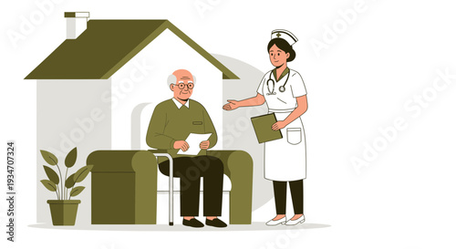 Elderly Caregiver Assisting a Senior Citizen Patient Inside a Home Setting Illustration