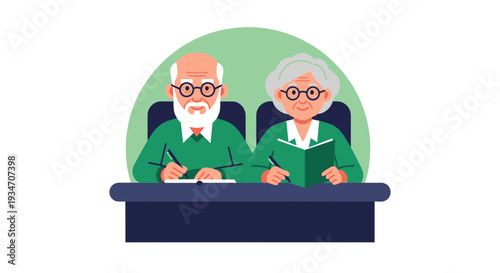 Elderly Couple Engaged In Learning: Reading And Writing Activities Together Forever