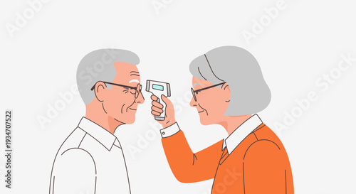 Elderly Couple's Temperature Screening Vector Illustration Showing Health Assessment Procedure