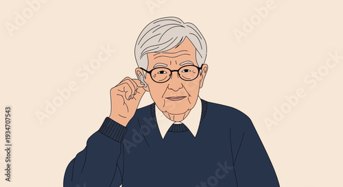 Elderly Gentleman Inserting Wireless Earbud, Illustrating Modern Communication Technology
