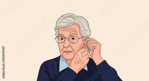 Elderly Gentleman Inserting Hearing Aid Device Into His Ear, Medical Concept