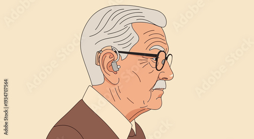 Elderly Gentleman Wearing Hearing Aid And Glasses In A Medical Cartoon Style Illustration