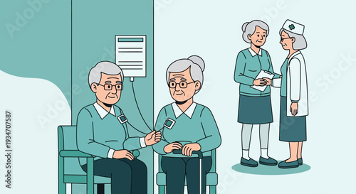 Elderly Healthcare Illustration: Doctors Assisting Patients With Medical Examinations