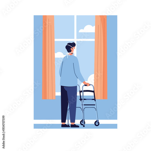 Elderly Individual Contemplating The Outdoors While Utilizing Mobility Aid With Mask