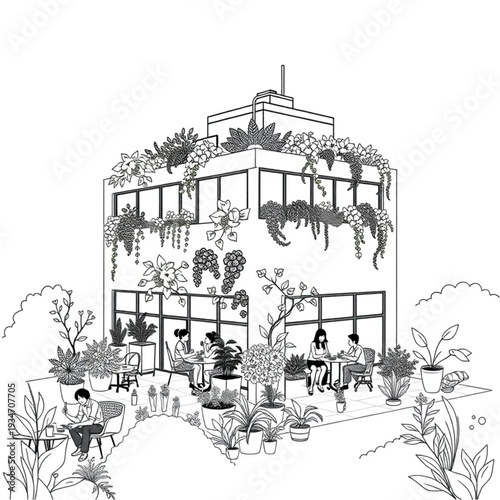 A green-roof office building covered in plants and flowers, workers having lunch in the rooftop garden