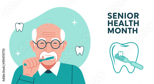 Elderly Man Brushing Teeth for Senior Health Awareness Promotion