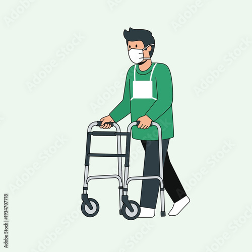 Elderly Person Wearing Face Mask Uses Walker for Mobility and Support Against Light Green Backdrop