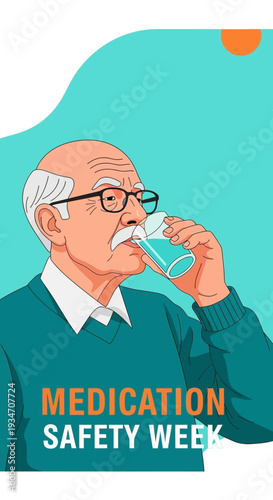 Elderly Man Drinking Water For Medication Safety Week, Health Awareness Illustration