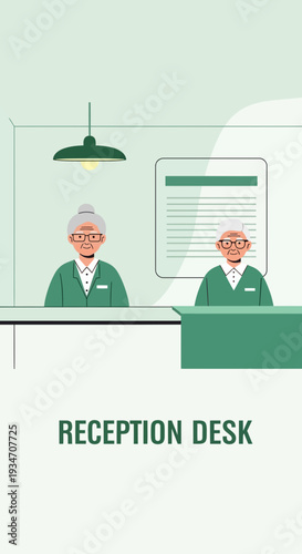 Elderly Receptionists At A Clinic Counter, Greeting Patients And Managing Appointments