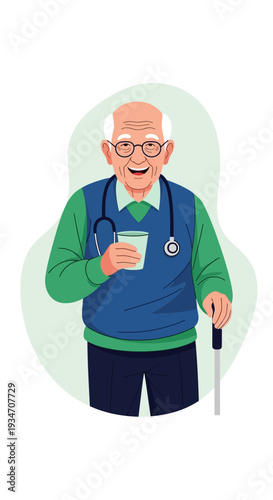 Elderly Physician With A Drink And A Walking Stick Smiling Happily While Wearing Glasses