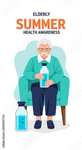 Elderly Summer Health Awareness Illustration Depicting Hydration and Wellness for Seniors
