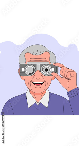 Elderly Man Examining Eyesight With Optical Tool, Optimism and Visual Clarity Revealed