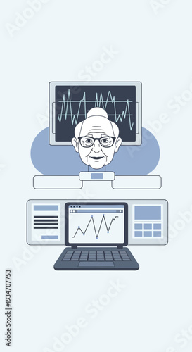 Elderly Woman Analyzing Financial Data and Charts, Interpreting Stock Market Trends