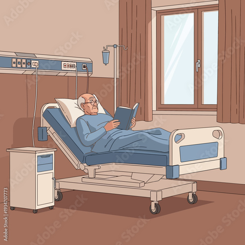 Elderly Man In Hospital Bed Reading Book For Relax And Recovery In A Calm Ward Room