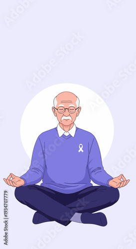 Elderly Man Meditating Peacefully with Awareness Ribbon Symbolizing Hope and Support