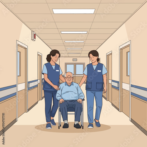 Elderly Man in Wheelchair Assisted by Nurses in a Hospital Corridor Medical Care