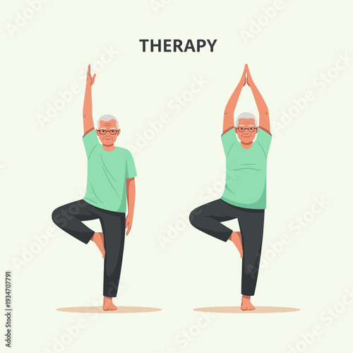 Elderly Man Practicing Yoga in Two Poses for Therapy and Well-being, Achieving Balance