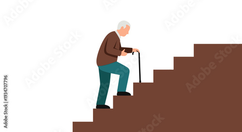 Elderly Man Navigating Stairs With A Walking Stick, Climbing Upward, Vector Illustration