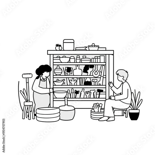 A community sharing library of tools and items, neighbors borrowing and returning, circular economy concept