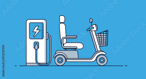 Electric Mobility Scooter Charging At Station with Vector Illustration and Blue Background