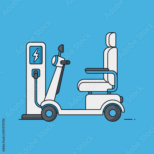 Electric Mobility Scooter Charging At Station: Sustainable Transportation Design Illustration