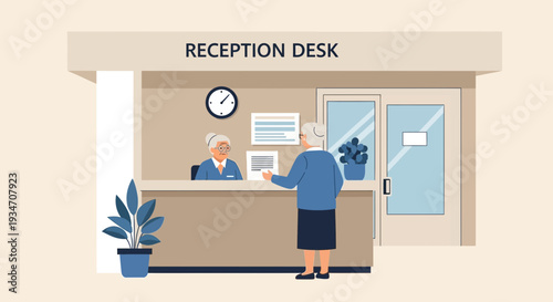 Elderly Patient Interacting With Receptionist at a Medical Office Illustration