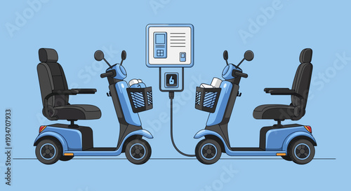 Electric Mobility Scooters Charging Station Cartoon Illustration Blue Background