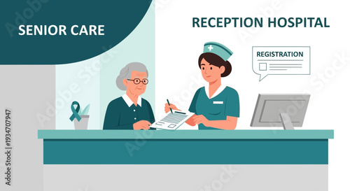 Elderly Patient Registering For Care At Hospital Reception Desk Healthcare Illustration