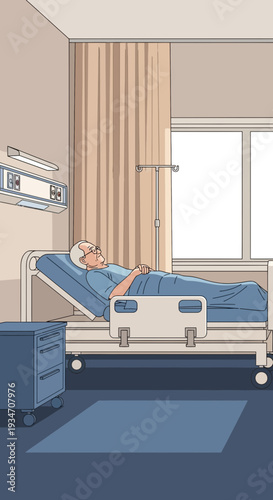 Elderly Patient Resting Comfortably In Hospital Bed With Medical Equipment and Curtains