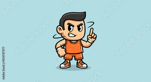 Cartoon character pointing upwards with an energetic expression and orange outfit
