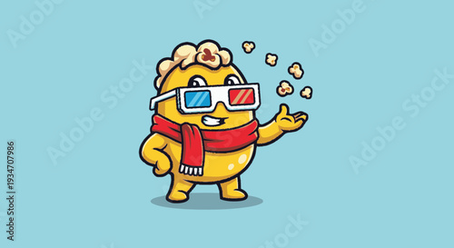 Cartoon character with 3 d glasses presenting popcorn on blue background