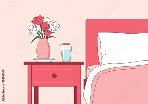 Elegant Bedroom Scene Featuring Roses, Water, and a Bedside Table, Soft Color Palette