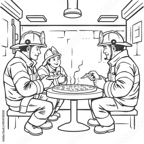 Firefighters eating pizza in a firehouse, casual camaraderie, behind-the-scenes human story