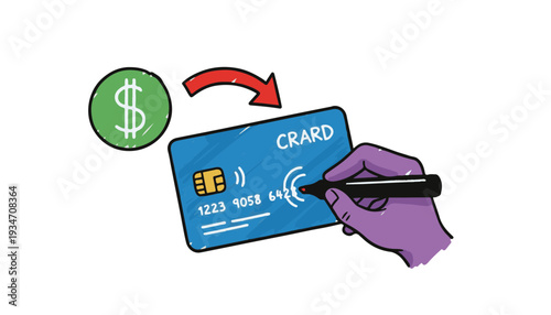 Vector credit card payment illustration with stylus and hand for secure financial transactions and e-commerce fintech checkout process