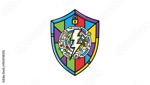 Vector cyber security shield with lightning bolt and colorful patterns for data protection and network firewall safety protocols