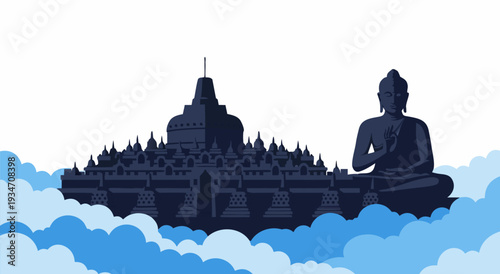 Vector illustration of the ancient Borobudur Temple in Indonesia, a spiritual Buddhist monument emerging from clouds