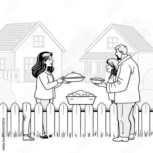 New neighbors introducing themselves over a fence, casserole dish offered, community warmth